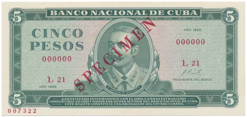 Kuba, 5 Pesos 1968, tisk STC Praha, anulát - SPECIMEN, bankovní vzor, P.103as