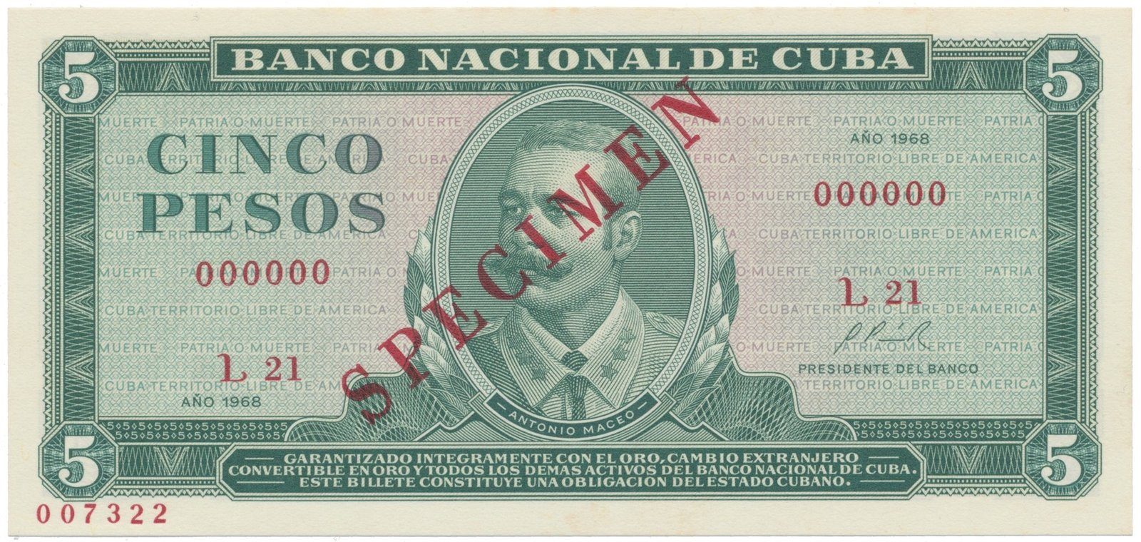 Kuba, 5 Pesos 1968, tisk STC Praha, anulát - SPECIMEN, bankovní vzor, P.103as