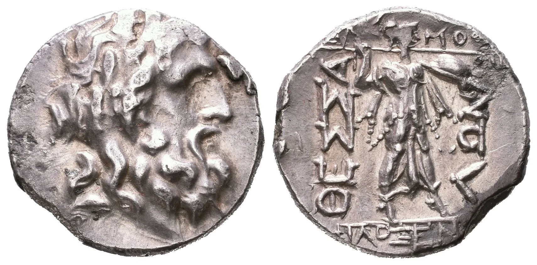 Double victoriatus, 196 - 146 př. Kr., Hlava Dia s věncem zprava / Kráčející Athéna — 1