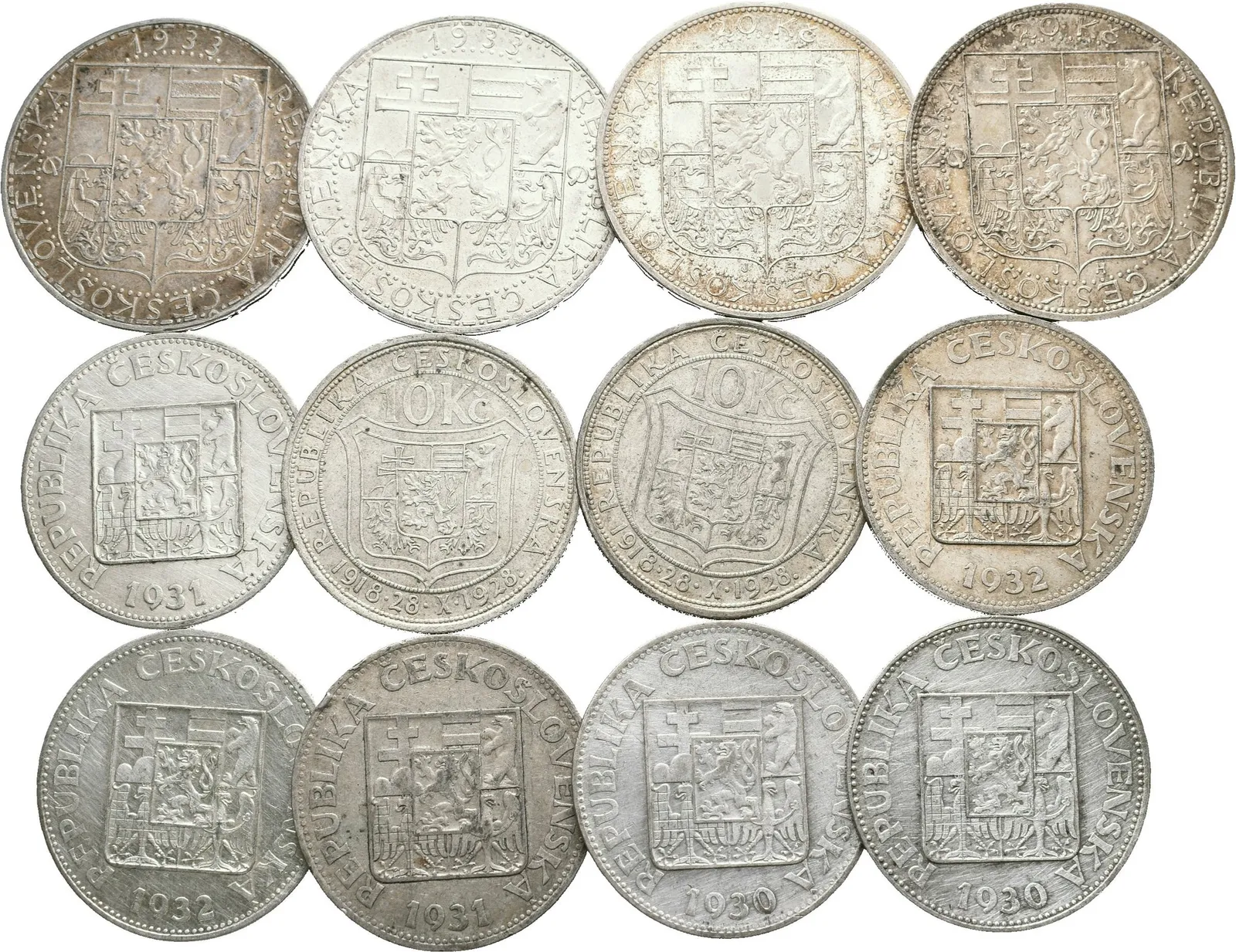 20 Koruna 1937 (2x), 1933 (2x), 10 Kč 1928 - Masaryk, 1930, 1931, 1932 (po 2 kusech), — 1