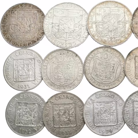 20 Koruna 1937 (2x), 1933 (2x), 10 Kč 1928 - Masaryk, 1930, 1931, 1932 (po 2 kusech),