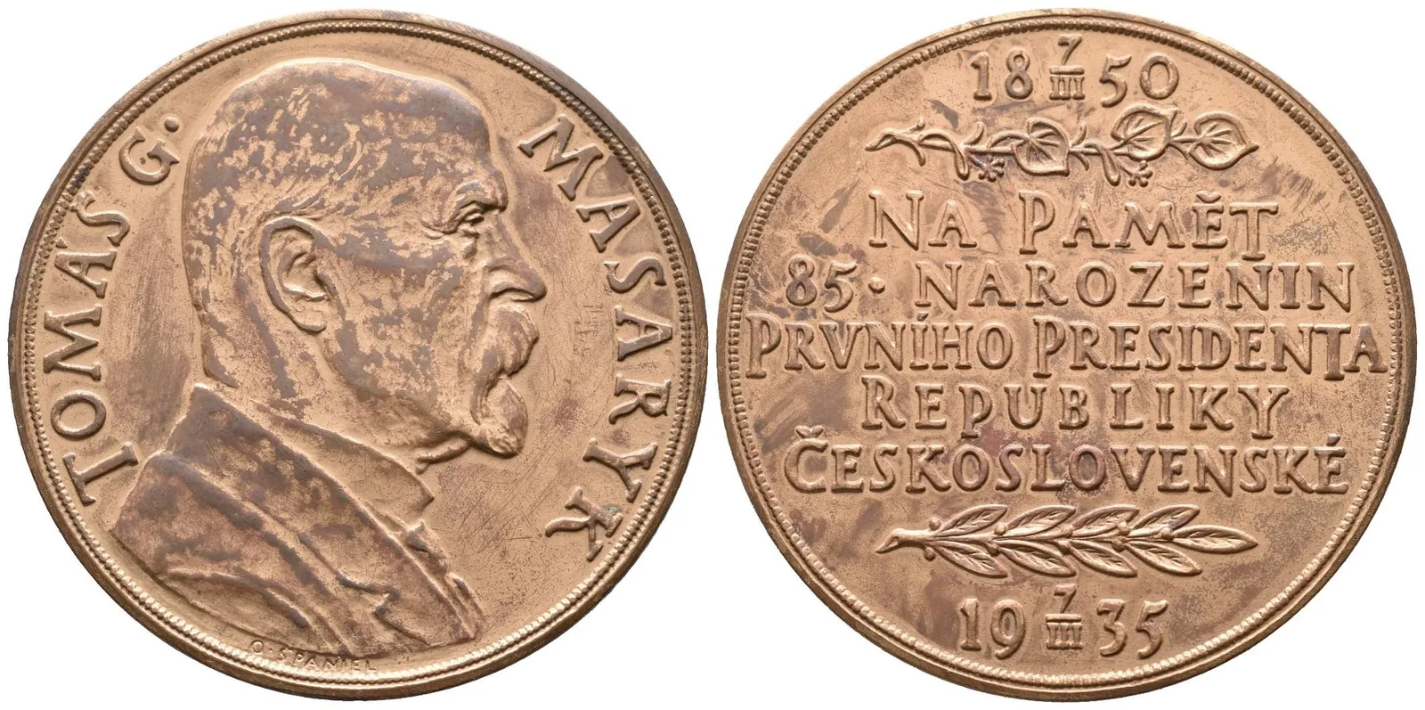AE Medaile 1935 - K 85. narozeninám T. G. Masaryka. Poprsí T. G. Masaryka zprava, — 1