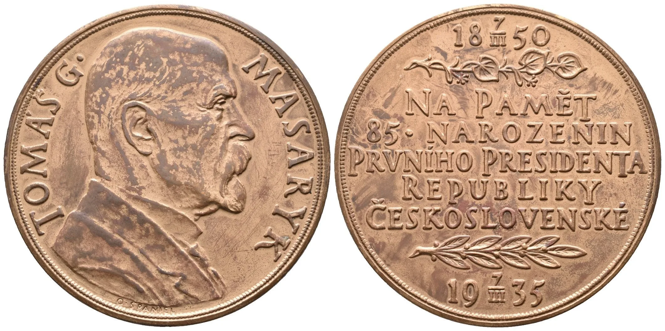 AE Medaile 1935 - K 85. narozeninám T. G. Masaryka. Poprsí T. G. Masaryka zprava, — 1