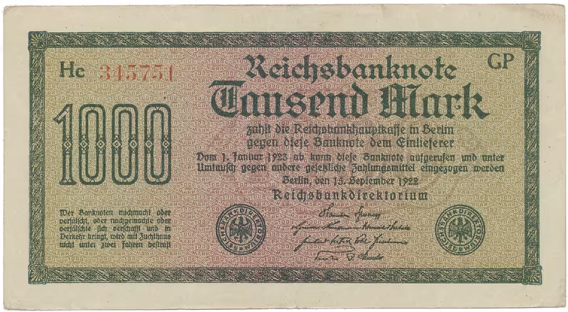 Německo, 1000 Mark 1922, vod. Wellen, 6-místné číslo, Ro.75q
