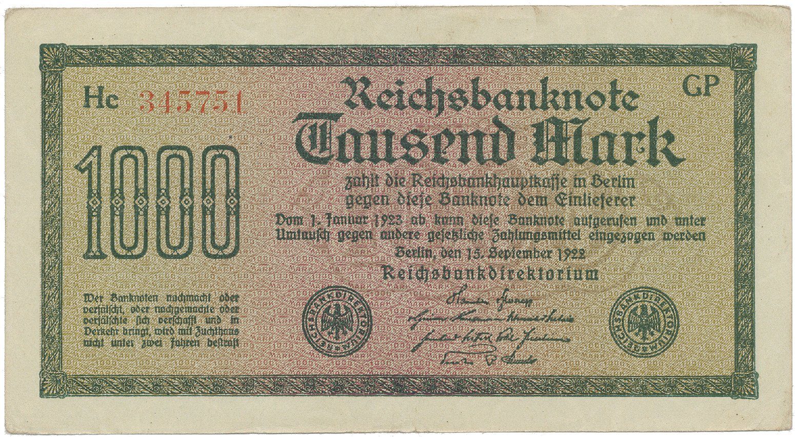 Německo, 1000 Mark 1922, vod. Wellen, 6-místné číslo, Ro.75q