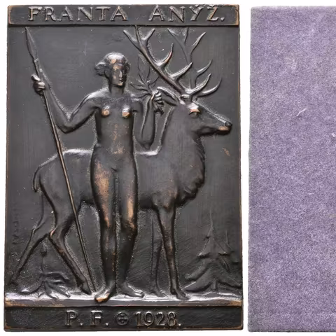 AE Plaketa 1928 (Lhoták) - Novoročenka, Pat. bronz 58 x 42 mm, podložka