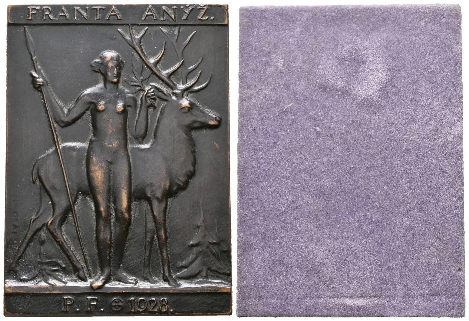 AE Plaketa 1928 (Lhoták) - Novoročenka, Pat. bronz 58 x 42 mm, podložka — 1