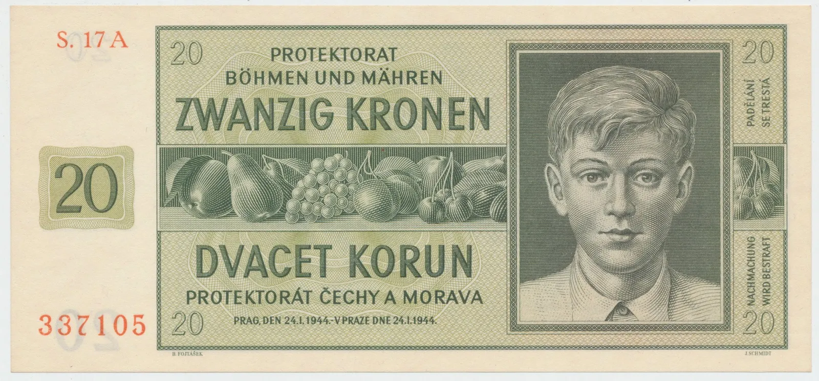 Protektorát Čechy a Morava, 20 Koruna 1944, série A, Hej.40a