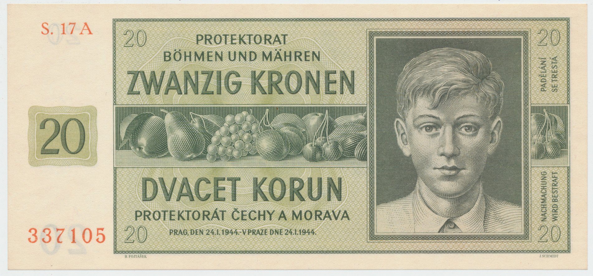 Protektorát Čechy a Morava, 20 Koruna 1944, série A, Hej.40a