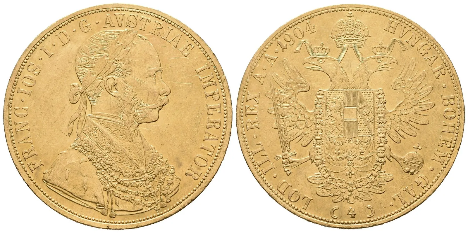 4 Dukát 1904, patina, škr. a hranky, lehce zvlněný (13,96 g) — 1