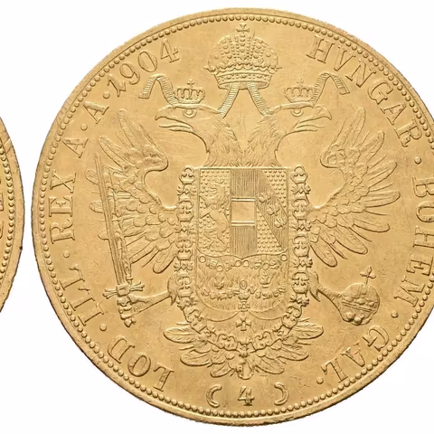 4 Dukát 1904, patina, škr. a hranky, lehce zvlněný (13,96 g)