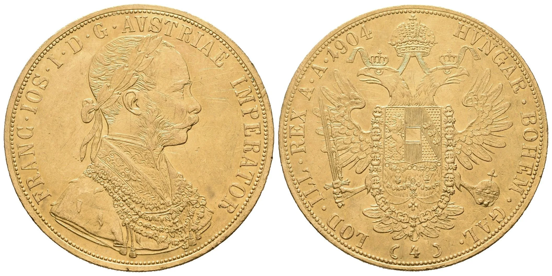4 Dukát 1904, patina, škr. a hranky, lehce zvlněný (13,96 g) — 1