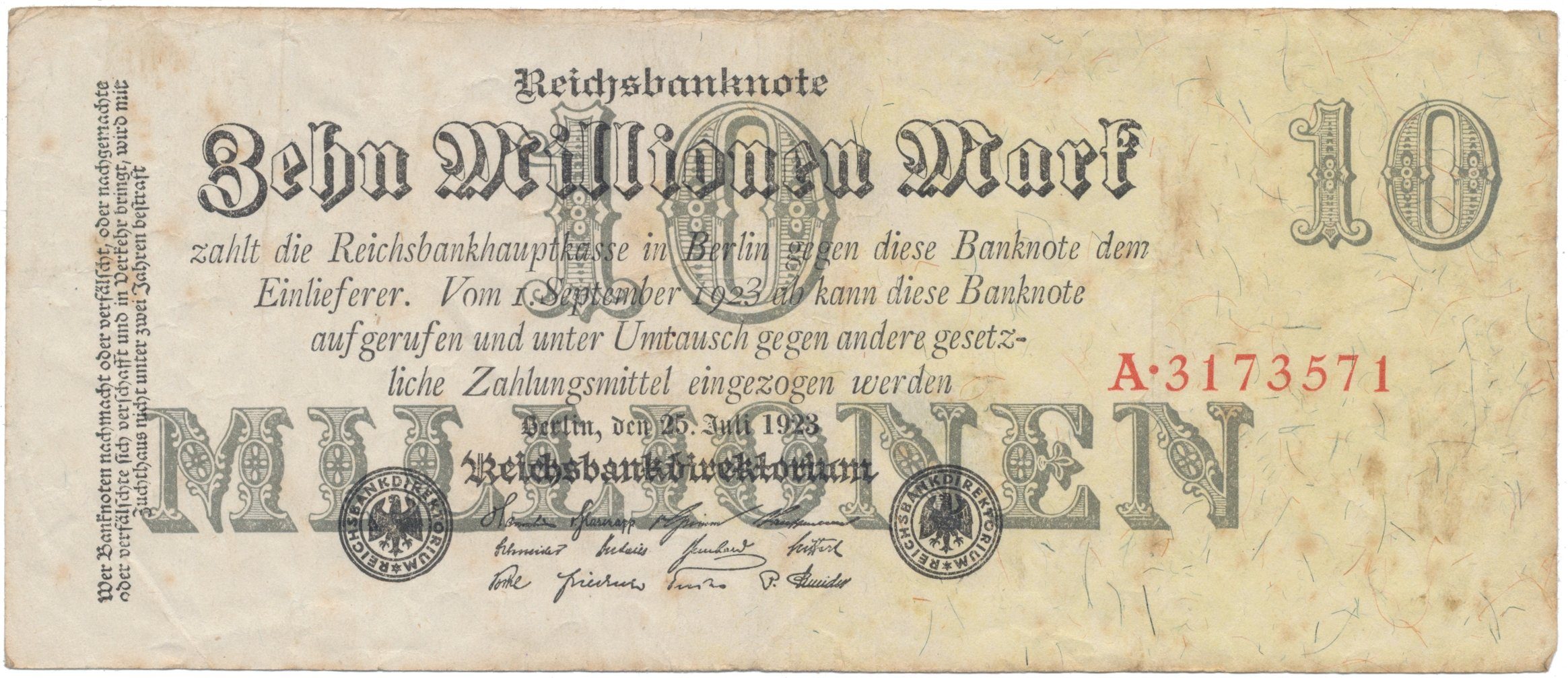 Německo, 10 Millionen Mark 1923, Ro.95