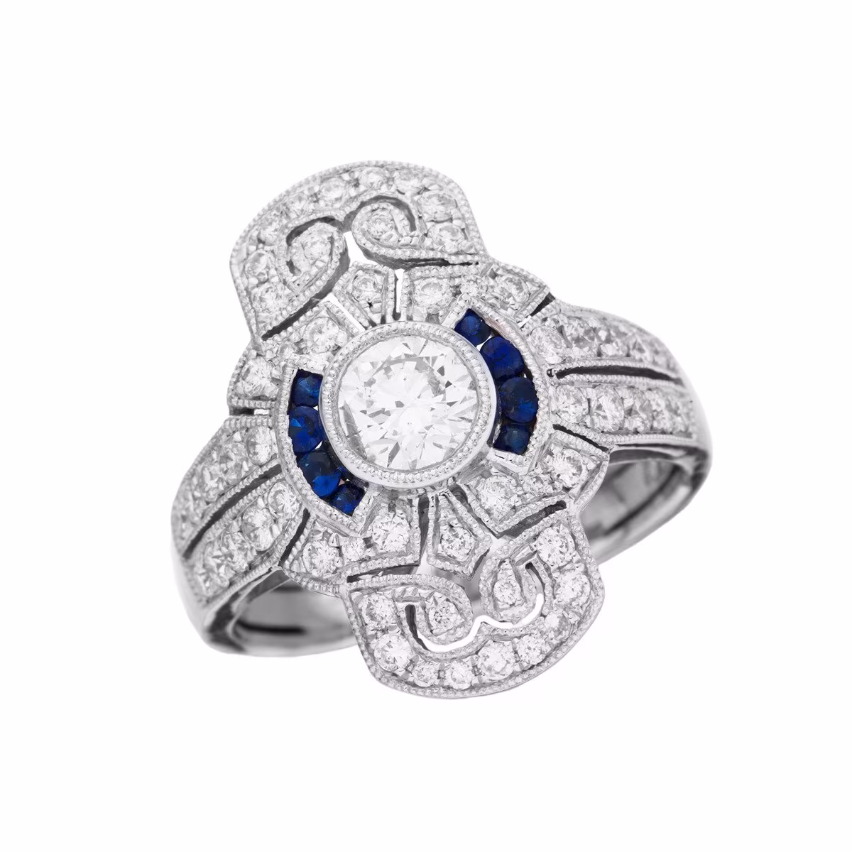 Prsten z bílého zlata ve stylu art deco s přírodními diamanty a safíry