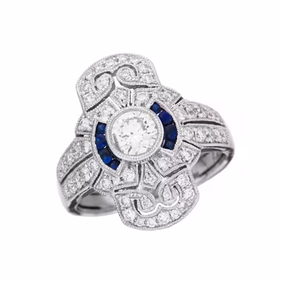 Prsten z bílého zlata ve stylu art deco s přírodními diamanty a safíry