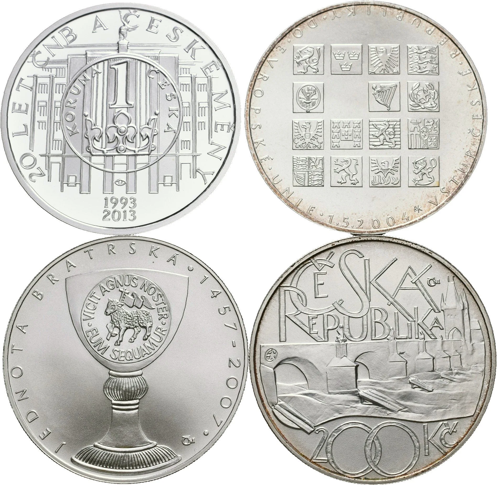 Soubor mincí 200 Kč 2004 - Vstup do EU, 2007 - Jednota bratrská, Karlův Most, — 1