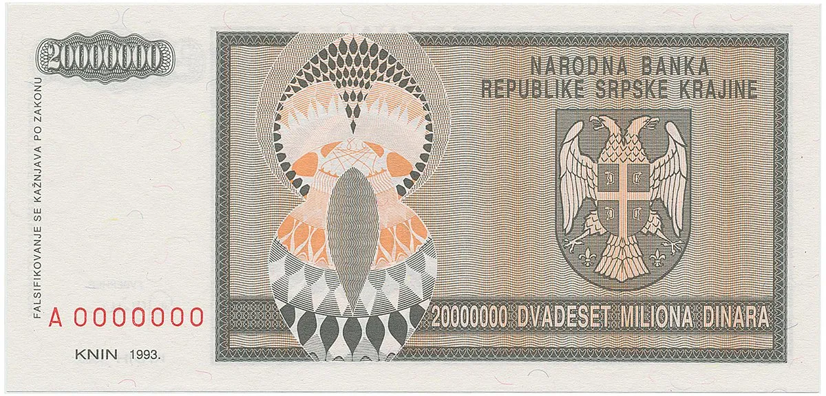 Chorvatsko - Srbská Krajina, 20.000.000 Dinara 1993, anulát, A 0000000, P.R13