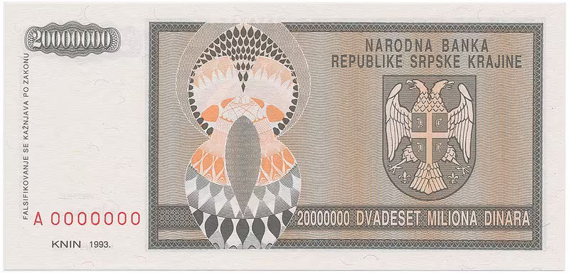 Chorvatsko - Srbská Krajina, 20.000.000 Dinara 1993, anulát, A 0000000, P.R13