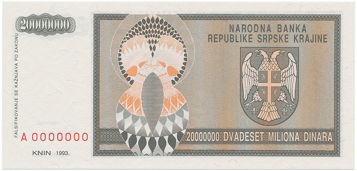 Chorvatsko - Srbská Krajina, 20.000.000 Dinara 1993, anulát, A 0000000, P.R13