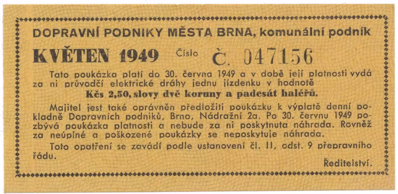 Brno - elektrické dráhy, 2.50 Kčs květen 1949, HH.16.1.4a
