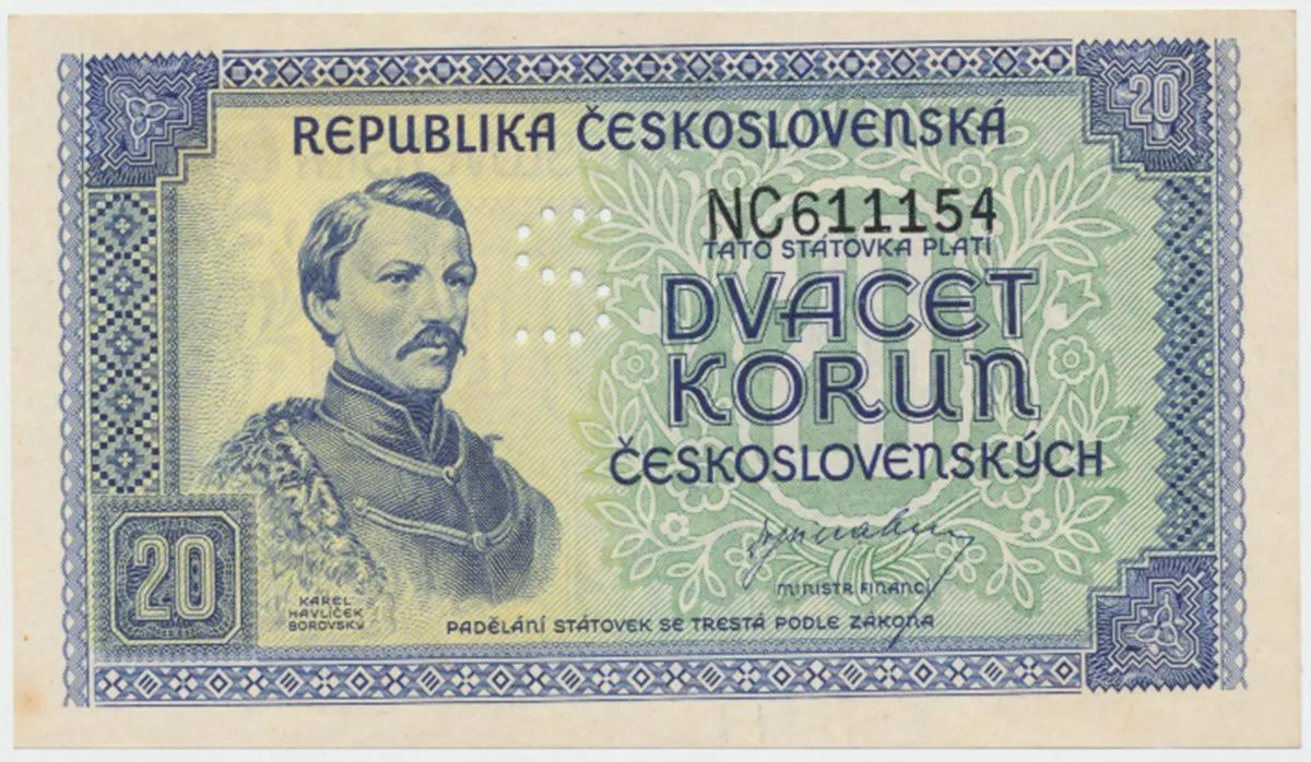 Československo, 20 Koruna b.d. (1945), perforace písmenem S, Hej.72a.S3