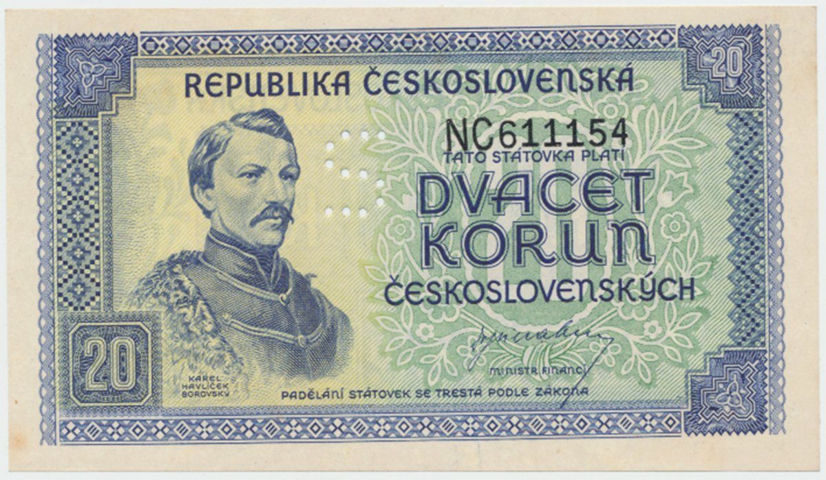 Československo, 20 Koruna b.d. (1945), perforace písmenem S, Hej.72a.S3