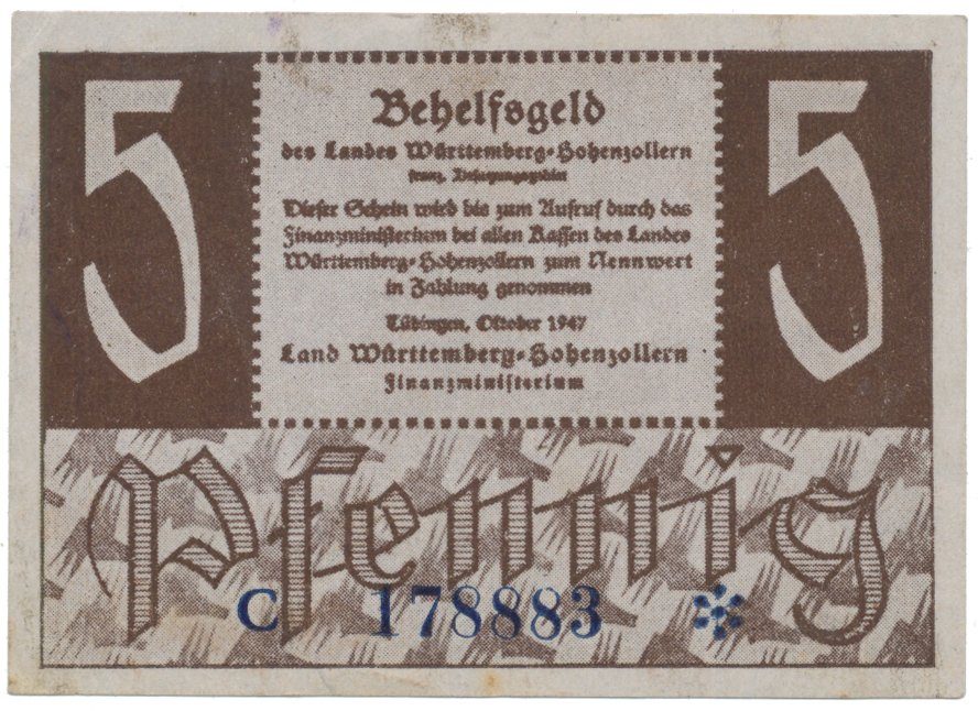 Německo - francouzská okupační zóna, Württemberg, 5 Pfennig 1947, Ros.214b
