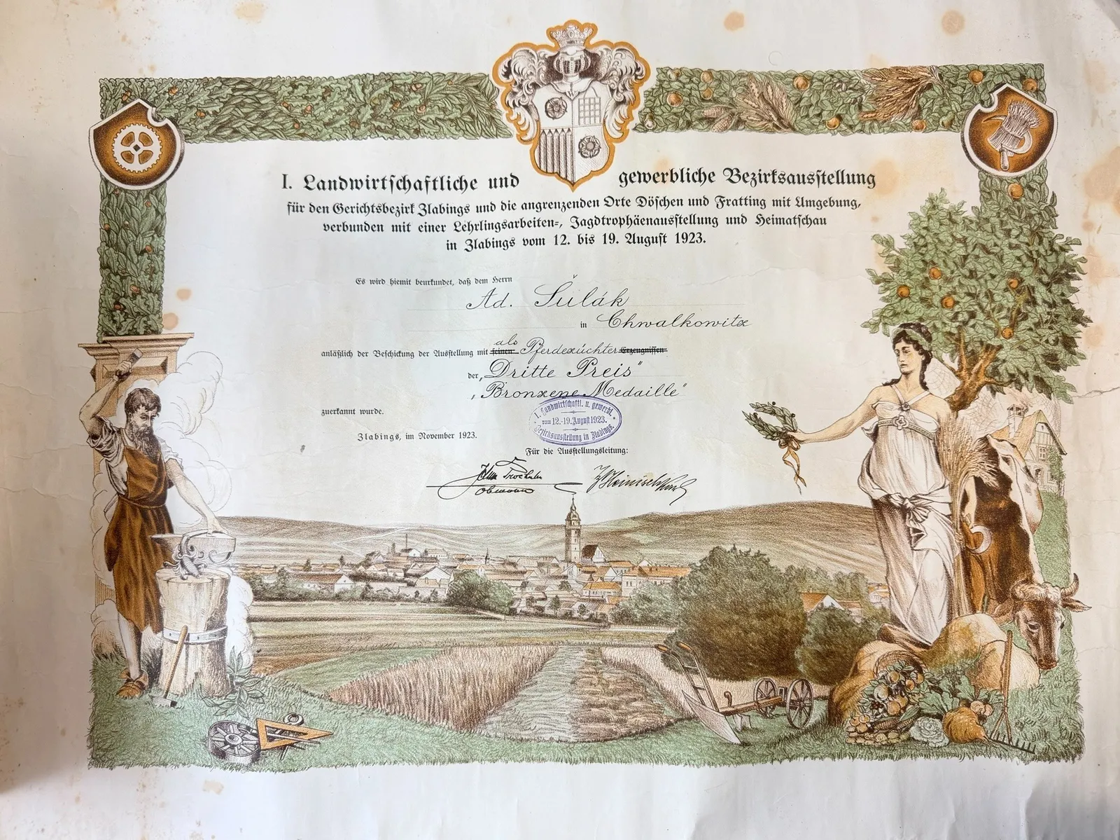 Velký dekret k záslužné medaili I. Okresní zemědělské a živnostenské výstavy — 1
