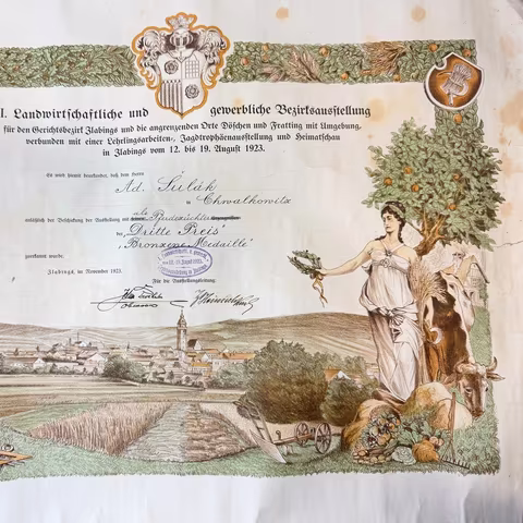 Velký dekret k záslužné medaili I. Okresní zemědělské a živnostenské výstavy