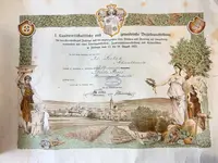 Velký dekret k záslužné medaili I. Okresní zemědělské a živnostenské výstavy — 1