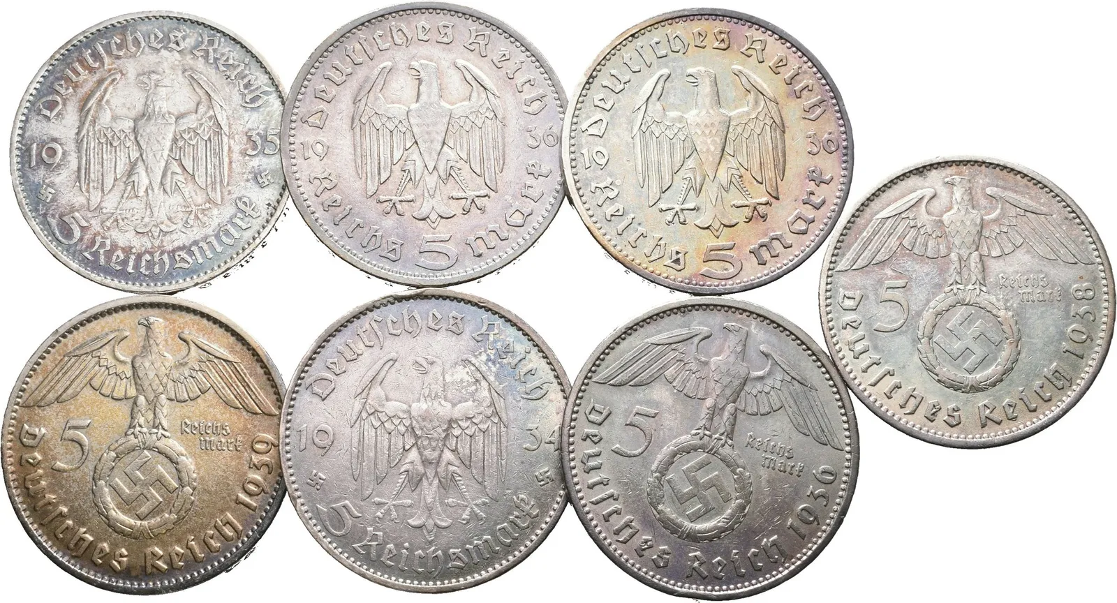 Soubor mincí - 5 Marka 1934 A, 1935 A - kostel, 1936 A, J - bez svastiky — 1