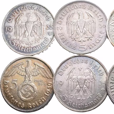 Soubor mincí - 5 Marka 1934 A, 1935 A - kostel, 1936 A, J - bez svastiky