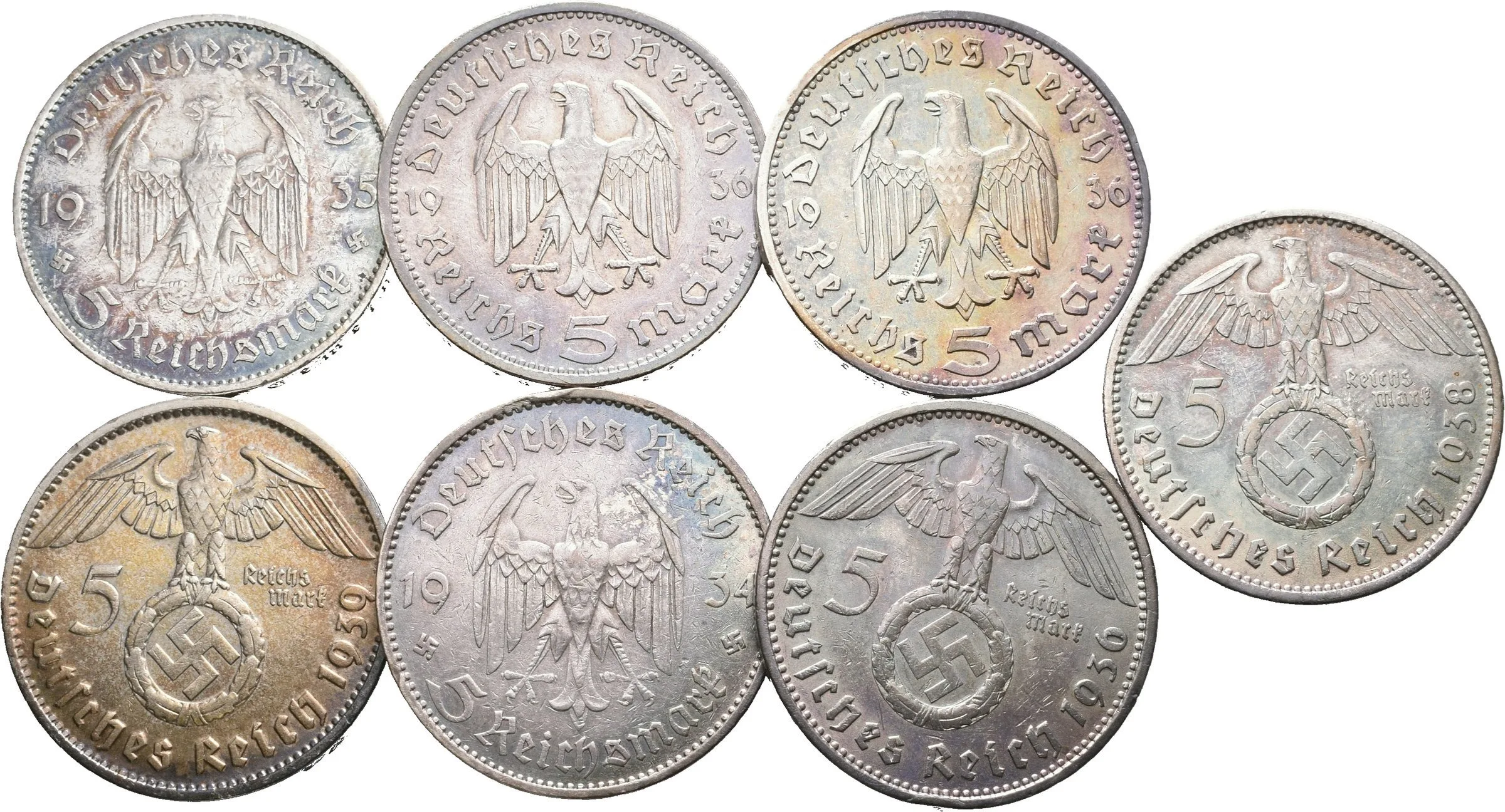 Soubor mincí - 5 Marka 1934 A, 1935 A - kostel, 1936 A, J - bez svastiky — 1