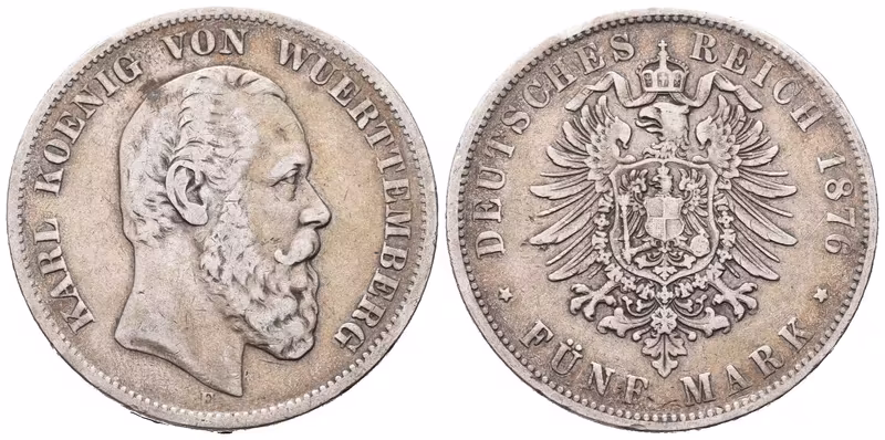 Württemberg, 5 Marka 1876 F