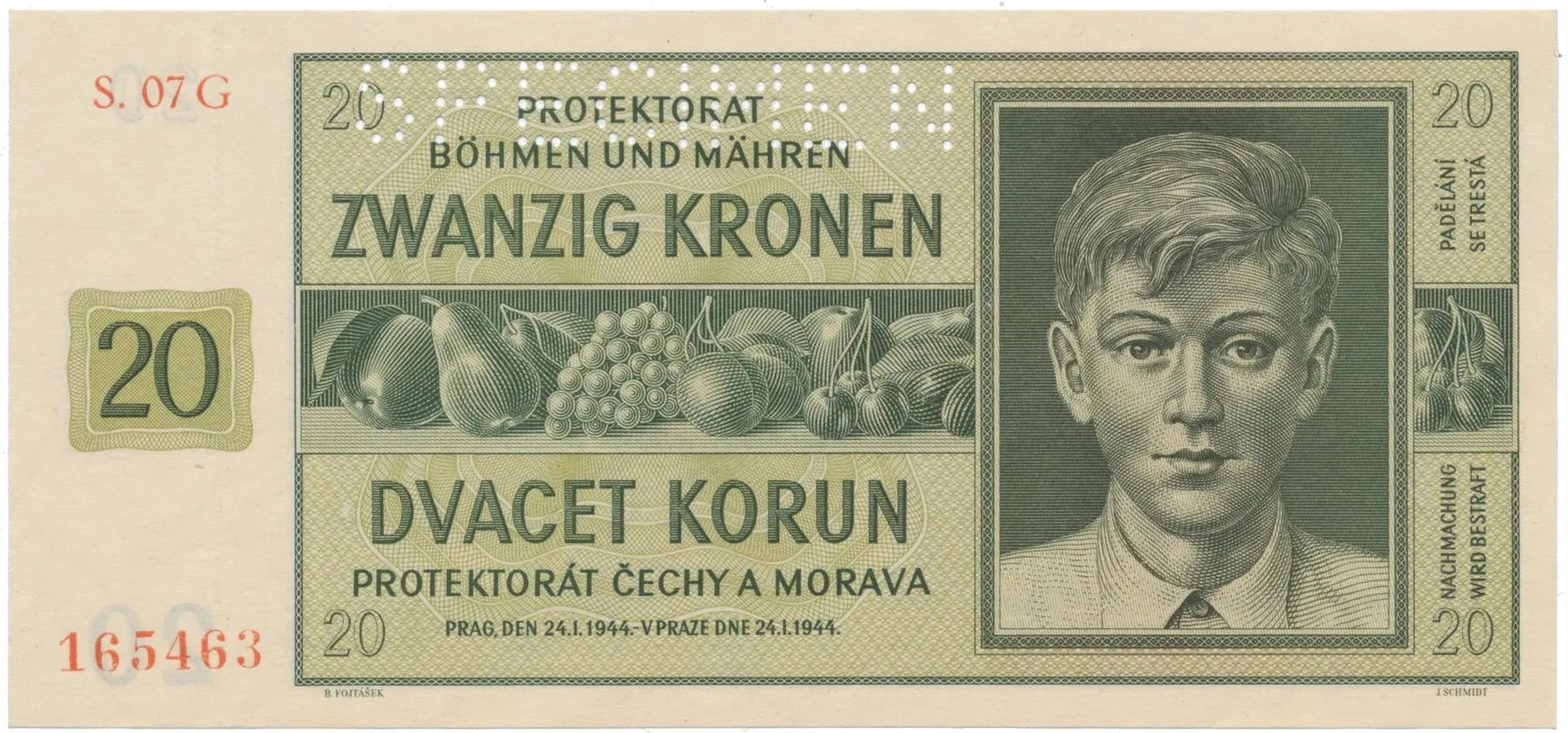 20 Koruna 1944, série G, SPECIMEN, Hej.40b.S1