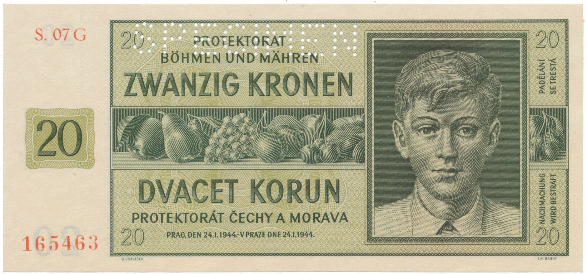 20 Koruna 1944, série G, SPECIMEN, Hej.40b.S1