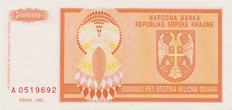 Chorvatsko, 500 Miliona Dinara 1993, P.R16