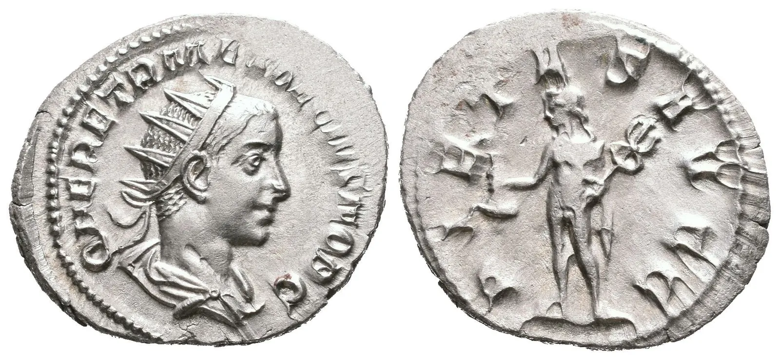 Antoninian, Rv: PIETAS AVGG, stojící Merkur zleva drží měšec a caduceus, — 1