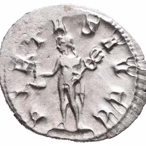 Antoninian, Rv: PIETAS AVGG, stojící Merkur zleva drží měšec a caduceus,