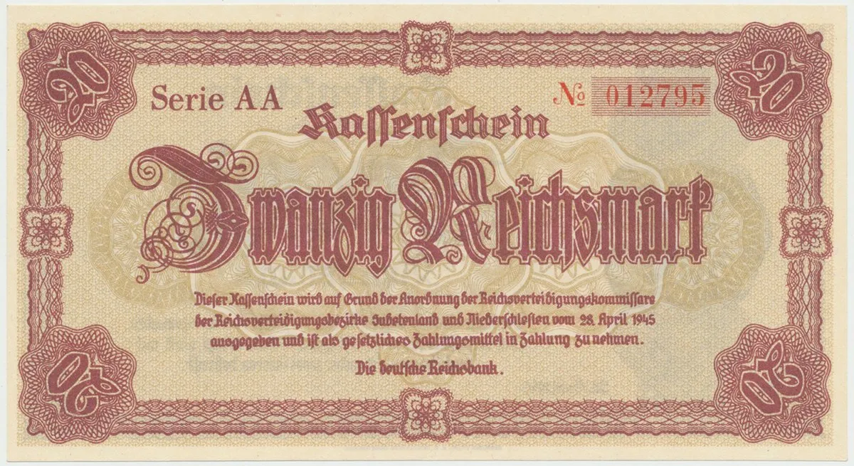 Reichenberg (Liberec) - Deutsche Reichsbank, 20 K  28. 4. 1945, první série AA, HH.188.1.1a