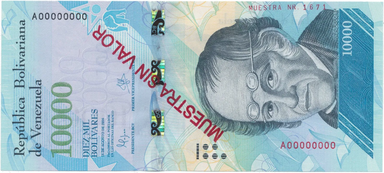Venezuela, 10.000 Bolivares 2016, anulát - MUESTRA SIN VALOR, P.98as