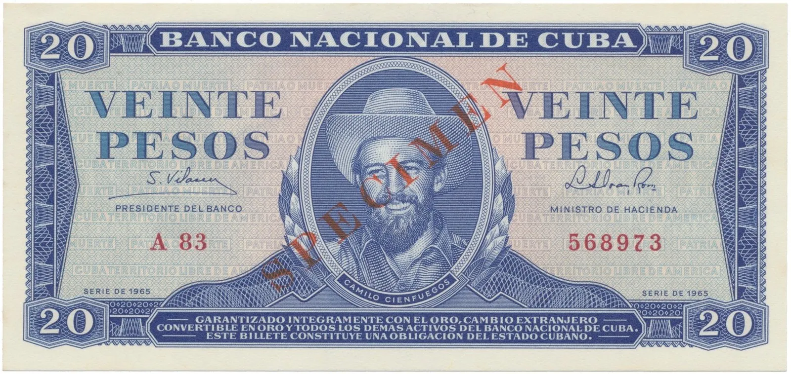 Kuba, 20 Pesos 1965, tisk STC Praha, původní bankovní vzor, přetisk SPECIMEN, P.97cs