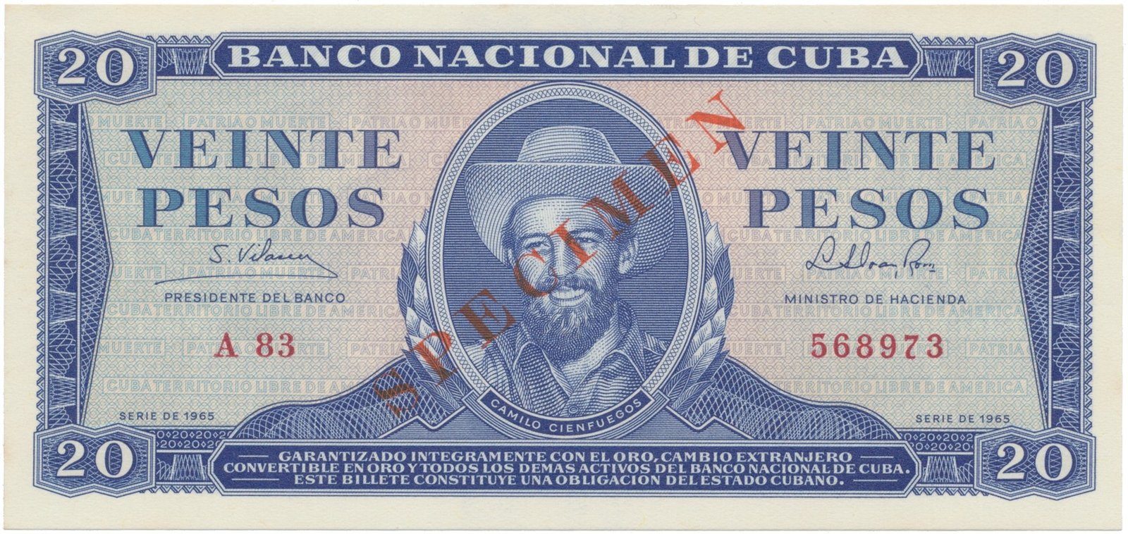 Kuba, 20 Pesos 1965, tisk STC Praha, původní bankovní vzor, přetisk SPECIMEN, P.97cs