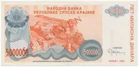 Chorvatsko - Srbská Krajina, 5 Miliona Dinara 1993, bankovní vzor, A 0000000, přet. SPECIMEN, P.R24s - fotografie 2