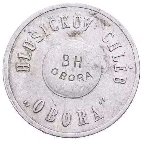 Obora - Mlýn a pekárna Bohuslav Hlušička, známka na chléb. Al 30 mm