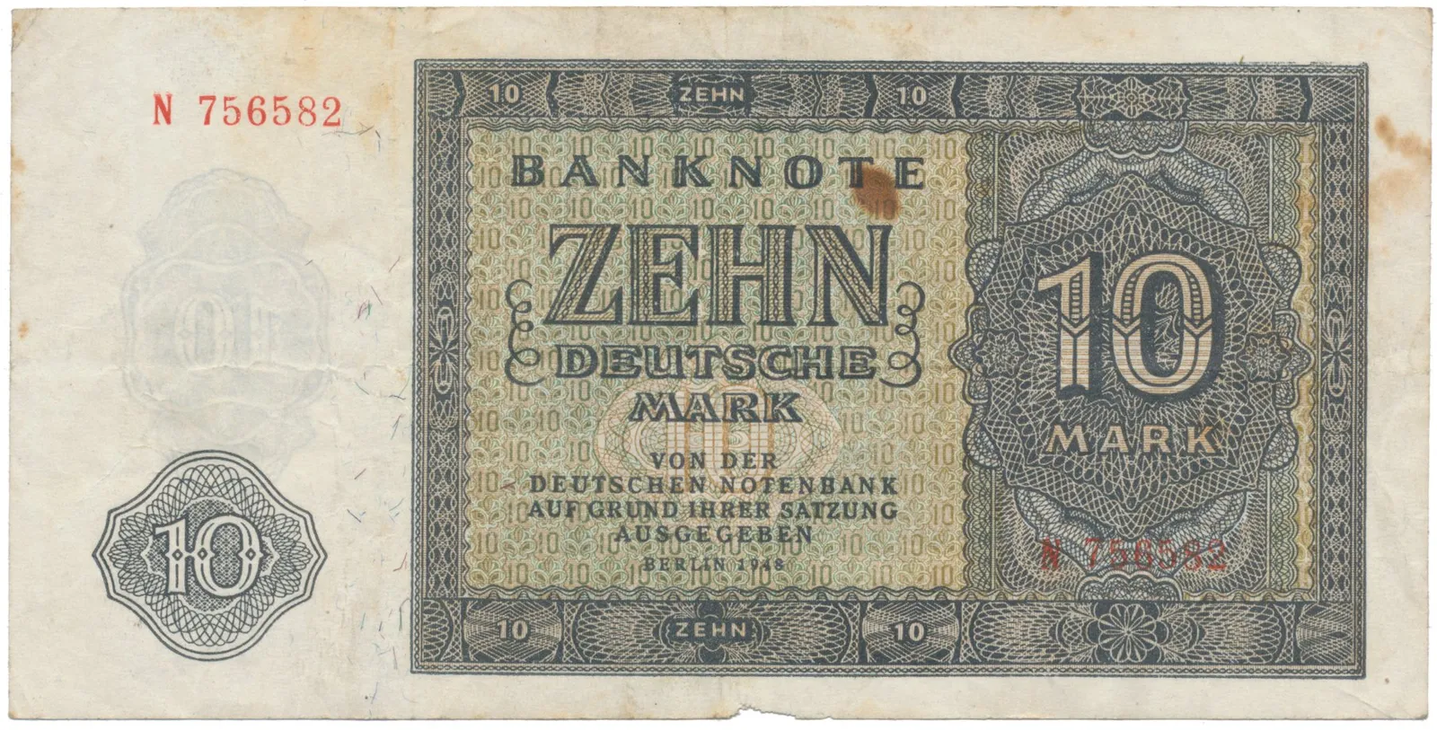 Německo - NDR, 10 DM 1948, tisk SSSR, 1 písmeno + 6-místný číslovač, Ros.343a