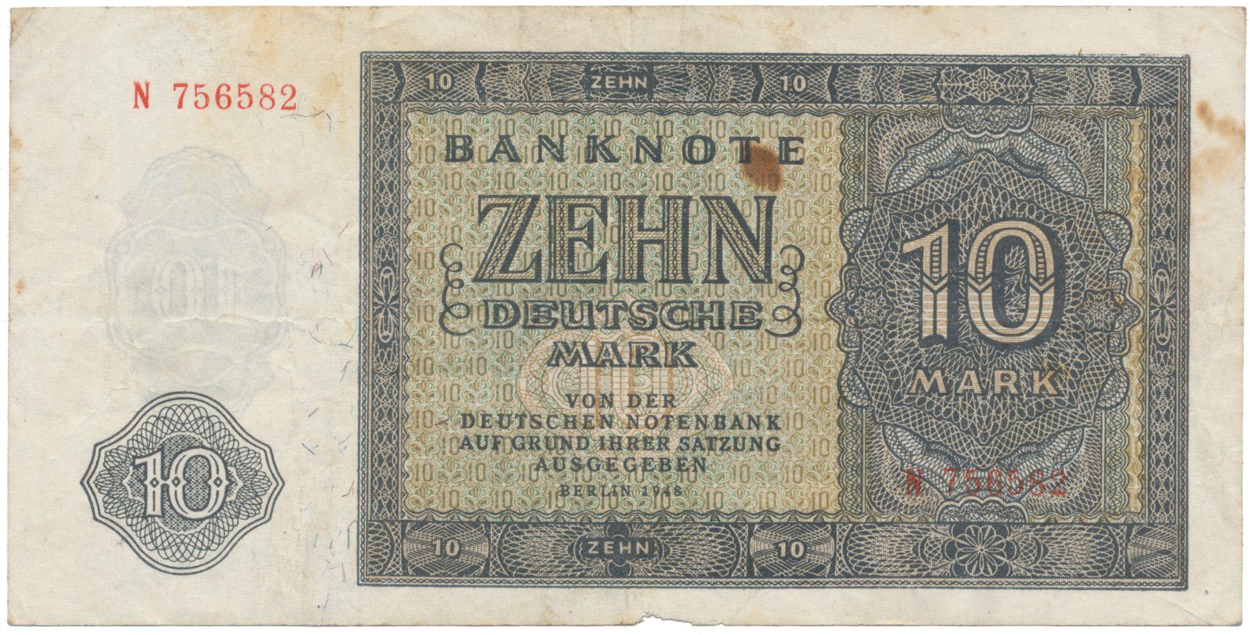 Německo - NDR, 10 DM 1948, tisk SSSR, 1 písmeno + 6-místný číslovač, Ros.343a