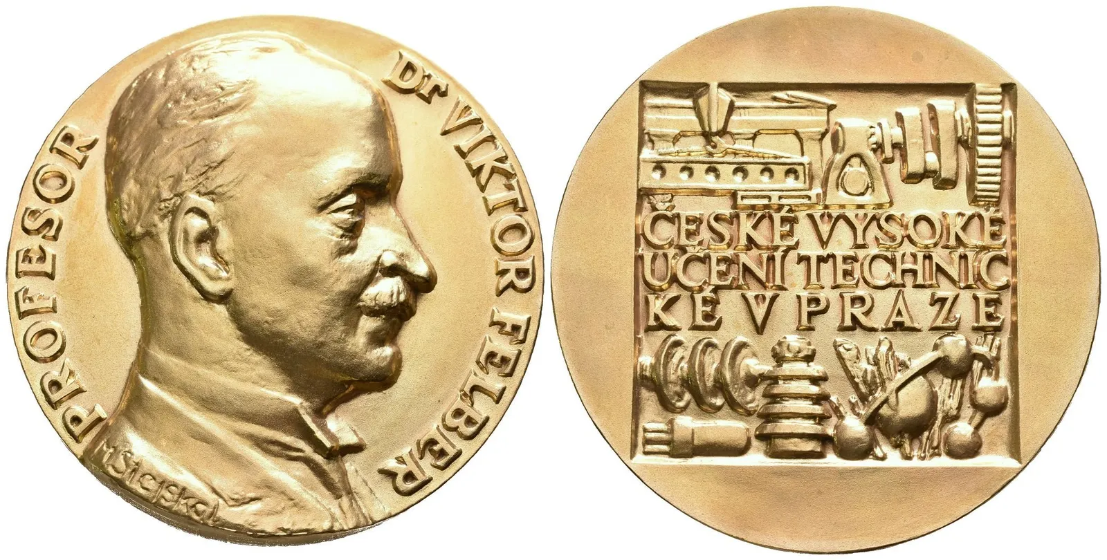 AE Medaile b.l. - Prof. Dr. Viktor Felber, ČVUT. Pozlac. Bronz 80 mm — 1
