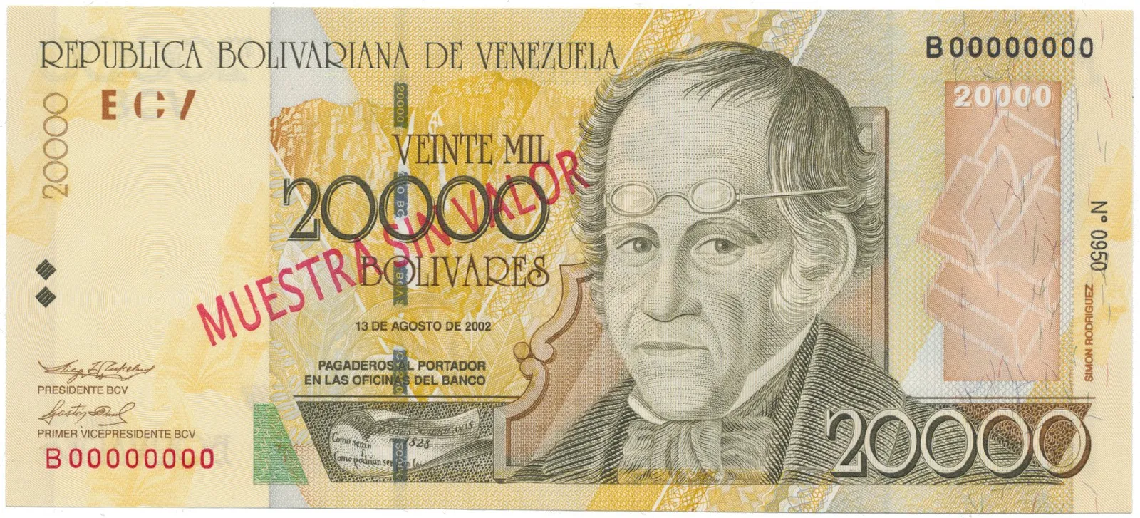 Venezuela, 20.000 Bolivares 2002, anulát - MUESTRA SIN VALOR, P.86bs