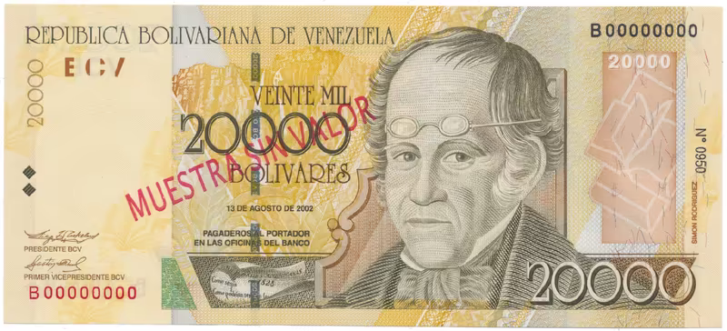 Venezuela, 20.000 Bolivares 2002, anulát - MUESTRA SIN VALOR, P.86bs